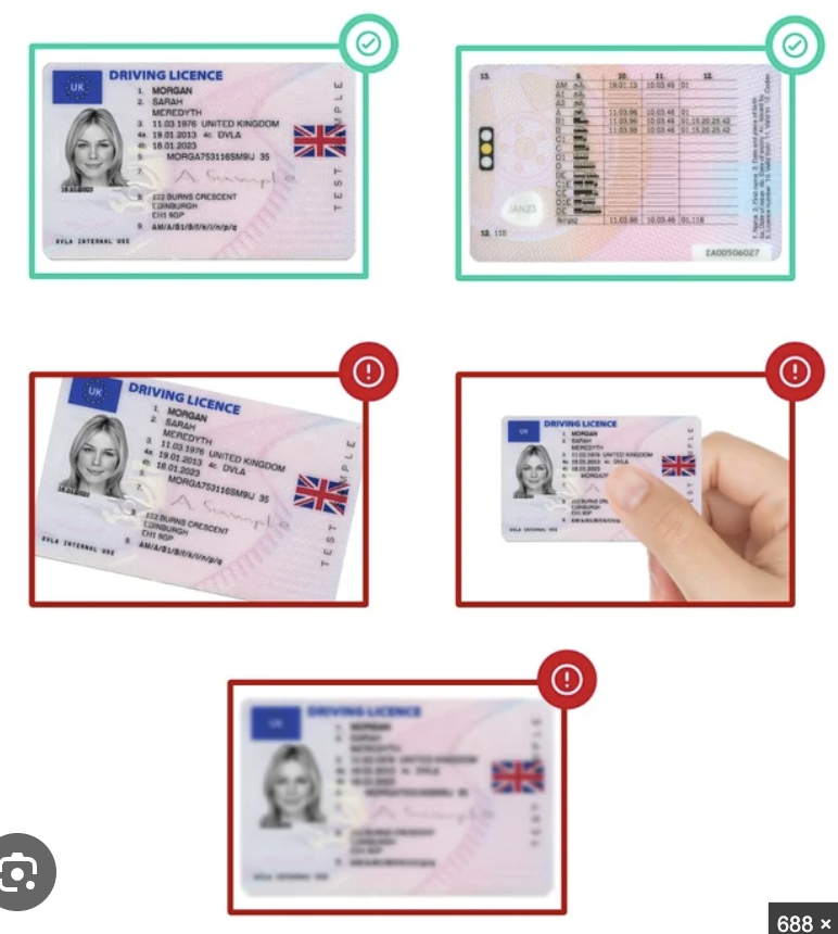 Examples showing a clear driving licence photo and common driving licence photo mistakes