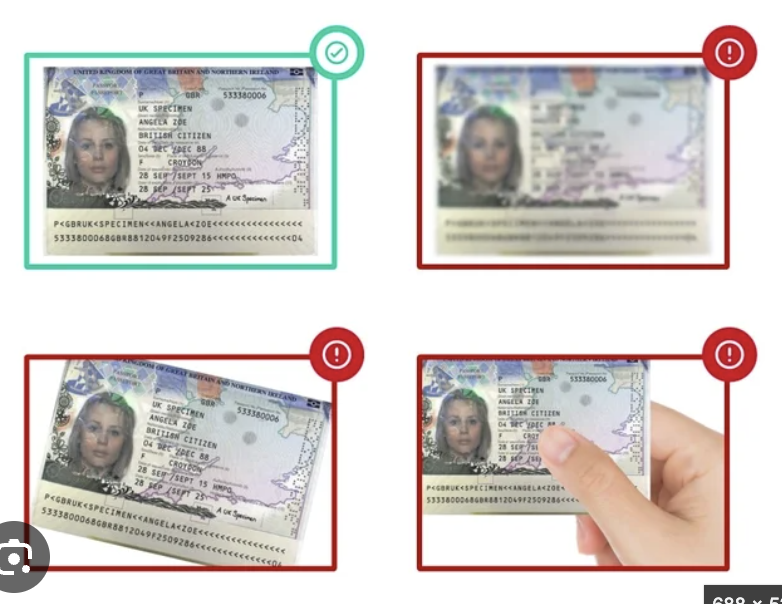 Examples showing a clear passport photo page and common passport photo mistakes